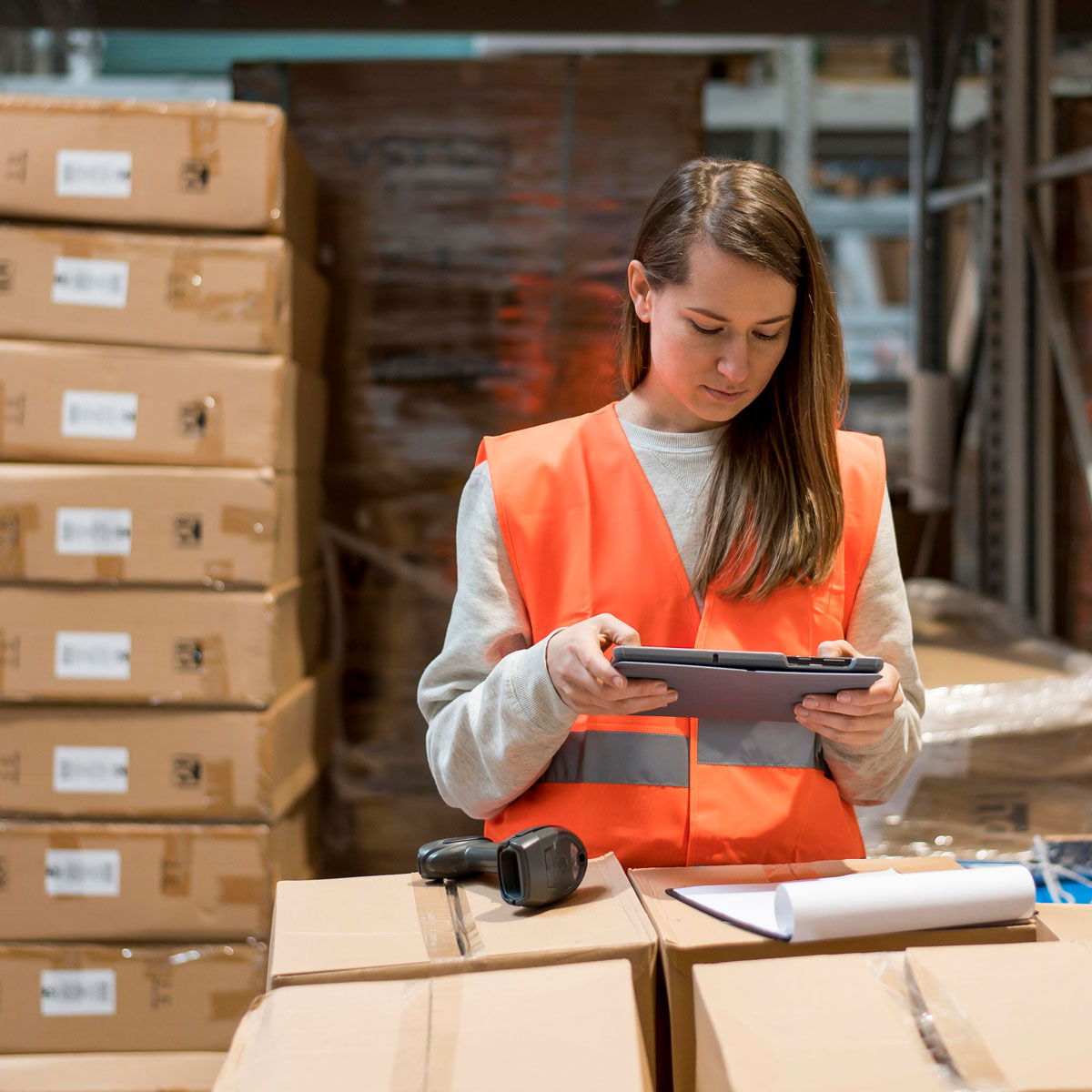 Postal Female Warehouse Worker With Tablet